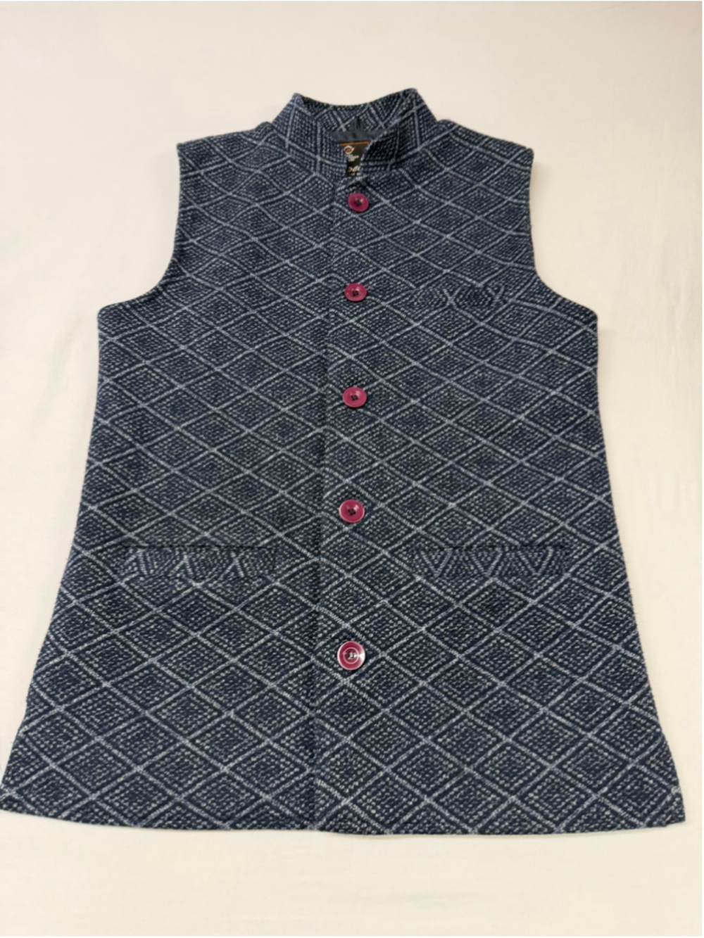VTG JoJo Club Geometric Nehru Vest L Navy Blue Tweed Sleeveless Jacket Men 2028 - Picture 2 of 6